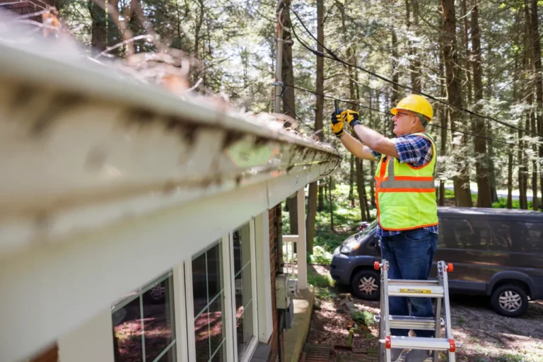 Worker inspecting a gutter filled with storm debris