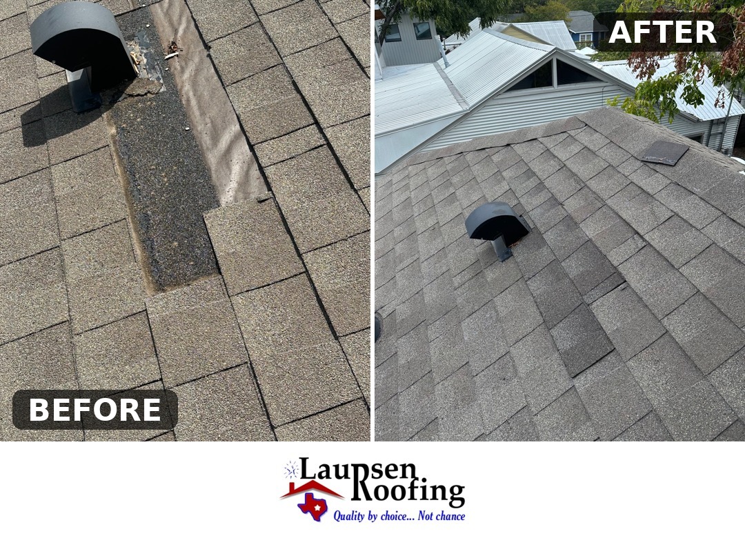 Before and after photos of a roof tune-up by Laursen Roofing in Central Texas