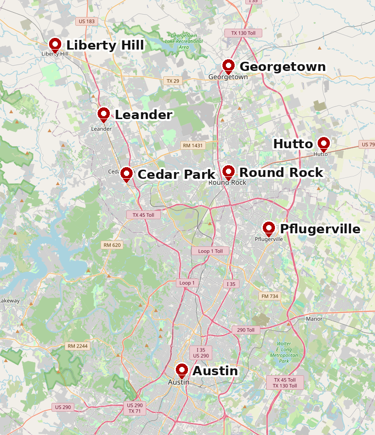 Map of Laursen Roofing's service area: Georgetown, Austin, Leander, Cedar Park, Liberty Hill, Round Rock, Pflugerville, and Hutto in Central Texas